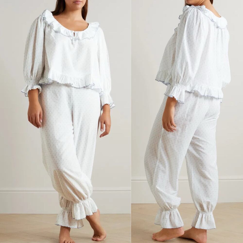 RIXO Bobbie Polka Dot Poplin Cotton Voile Pajama Set White Blue Ruffle XXS